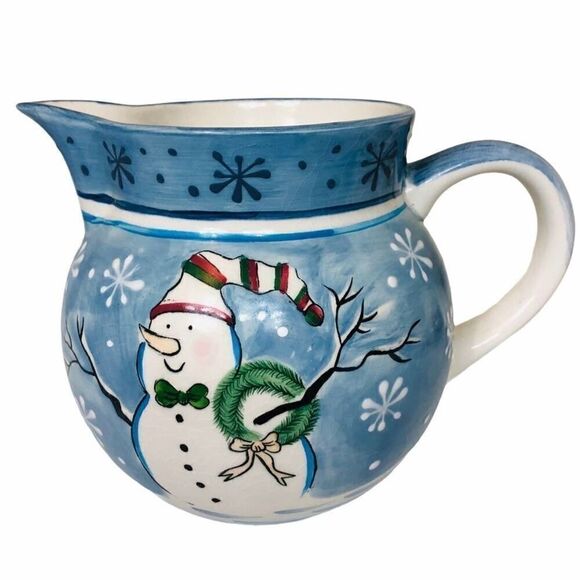 Christmas Decor Vintage Blue White Snowman Ceramic Pitcher - Picture 1 of 7